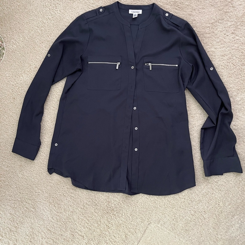 Calvin Klein Navy Blouse with Zipper Pockets
